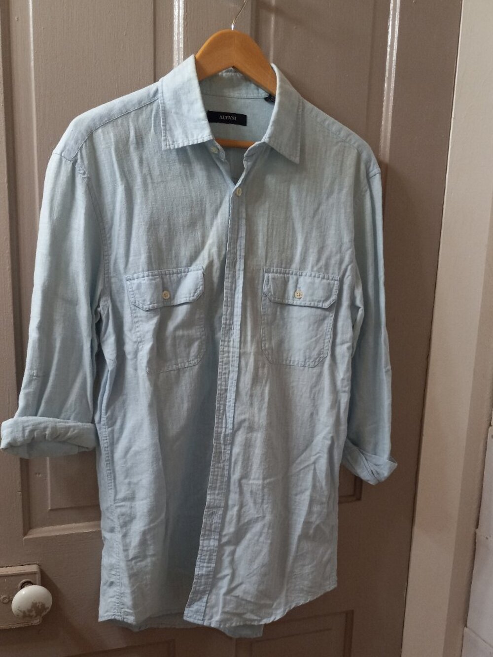 Alfani Blue Mens Linen / Cotton Shirt (S) - Beach Formal, Business Casual